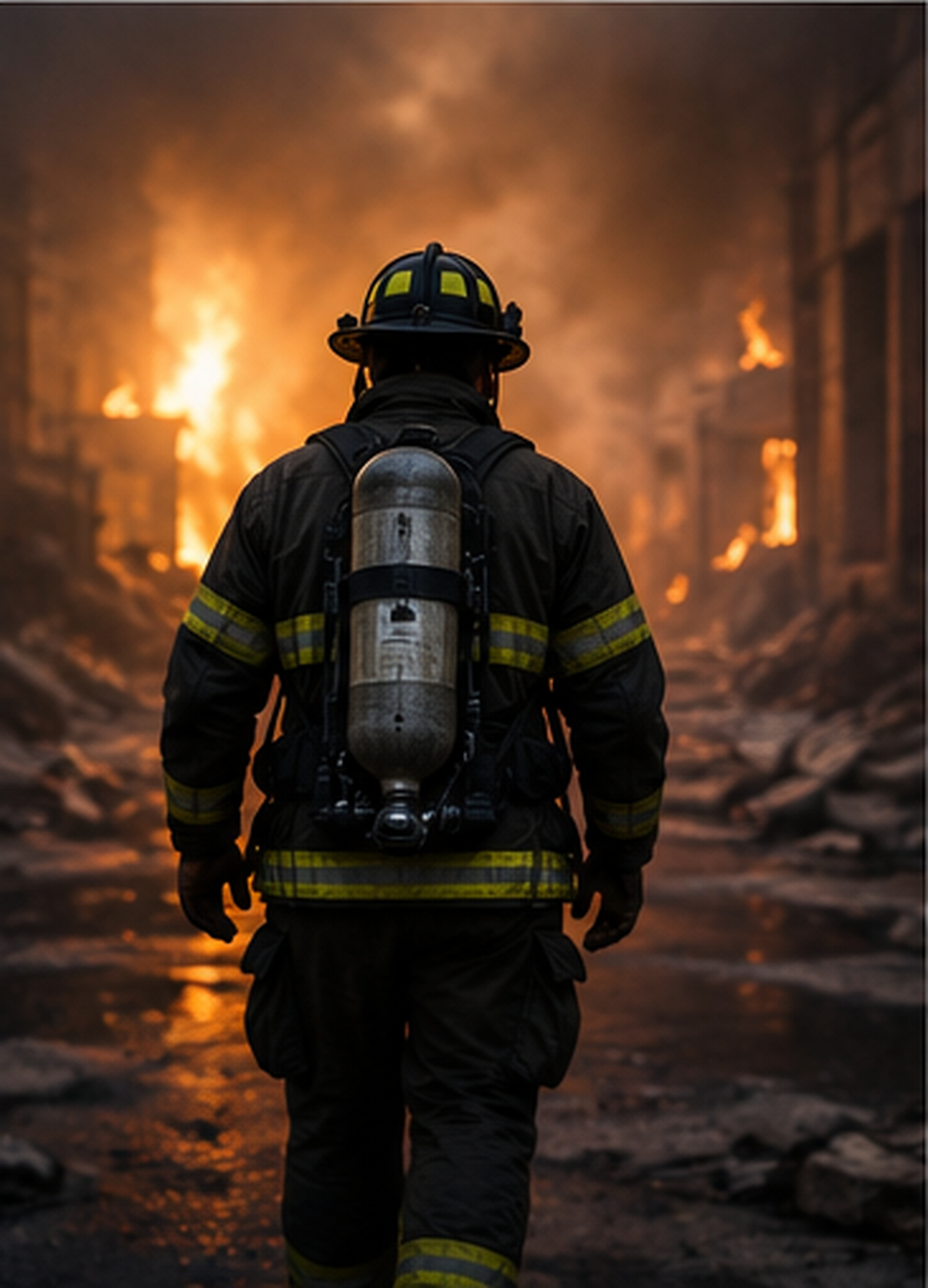 A firefighter walking toward a burning structure.
