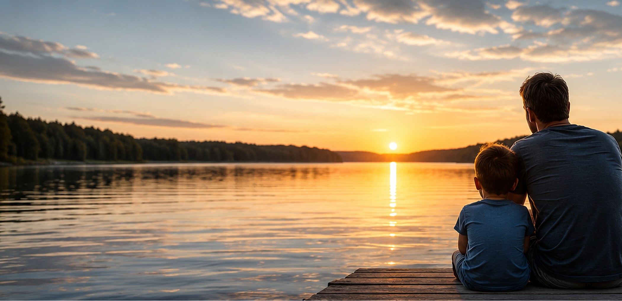 A parent and child silhouetted on a dock at sunset beside a phone displaying a scheduled call from a loved one.