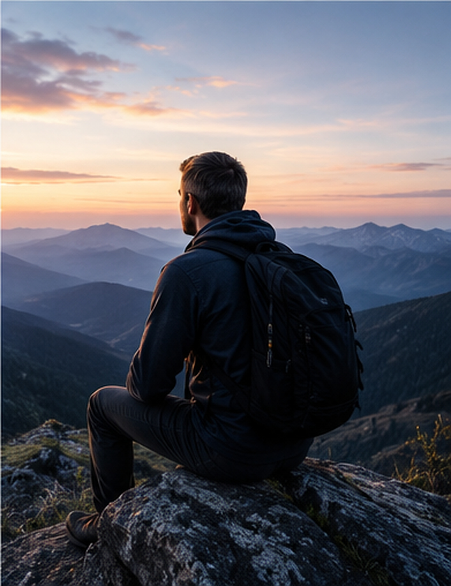 A man sitting on a mountaintop at dusk looking out over the range.
