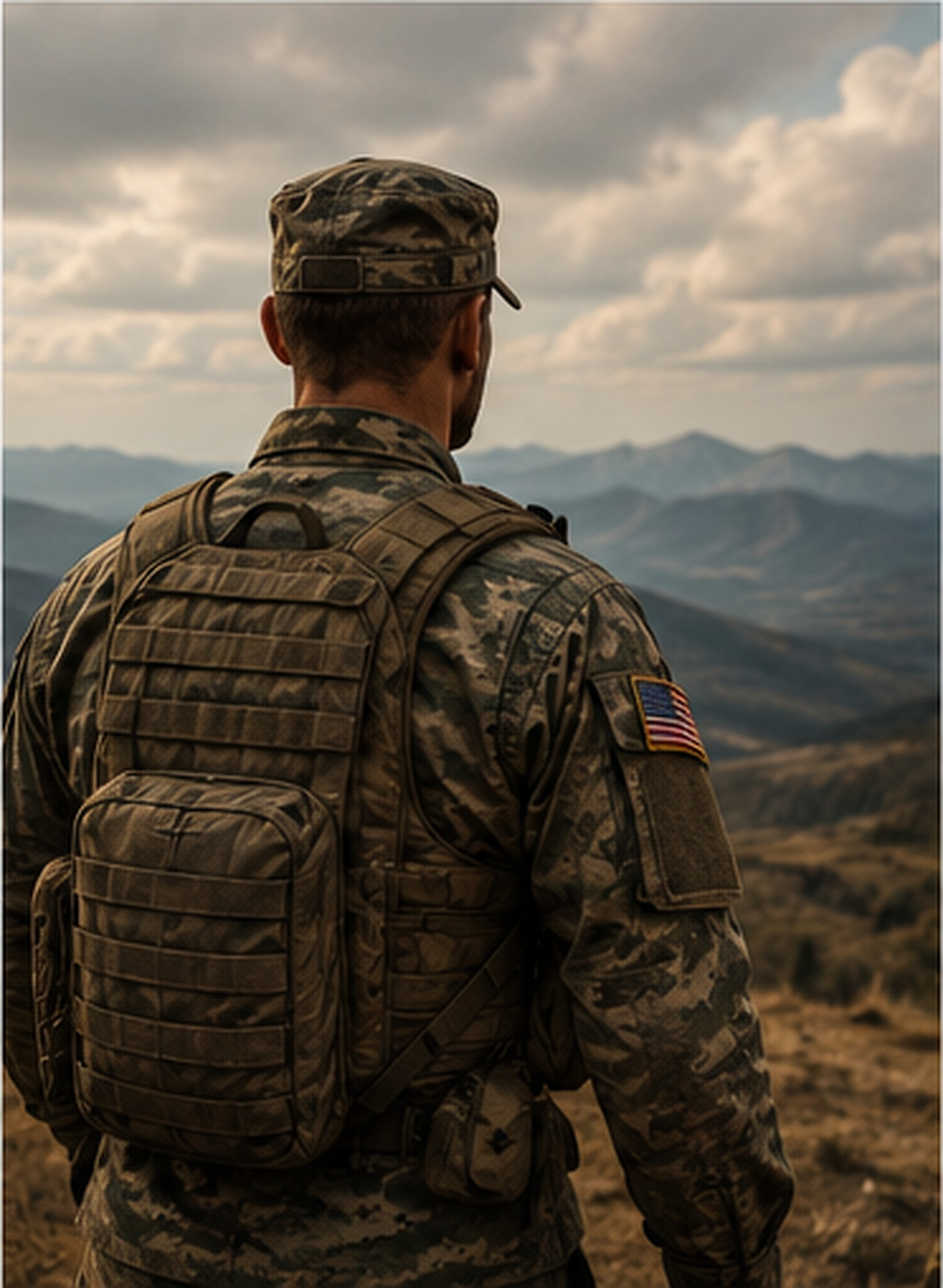 A service member looking out over a mountain range.