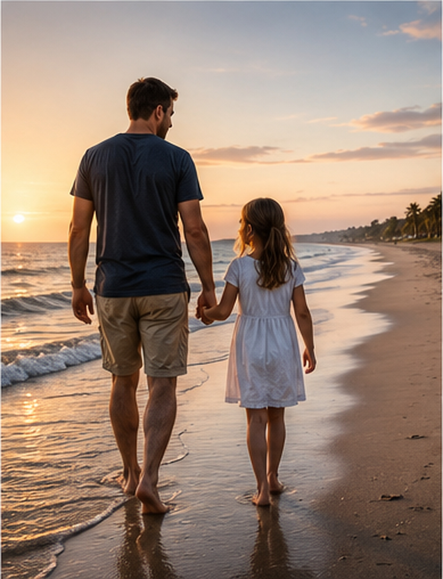 A father and daughter walking hand in hand along the beach at sunset.